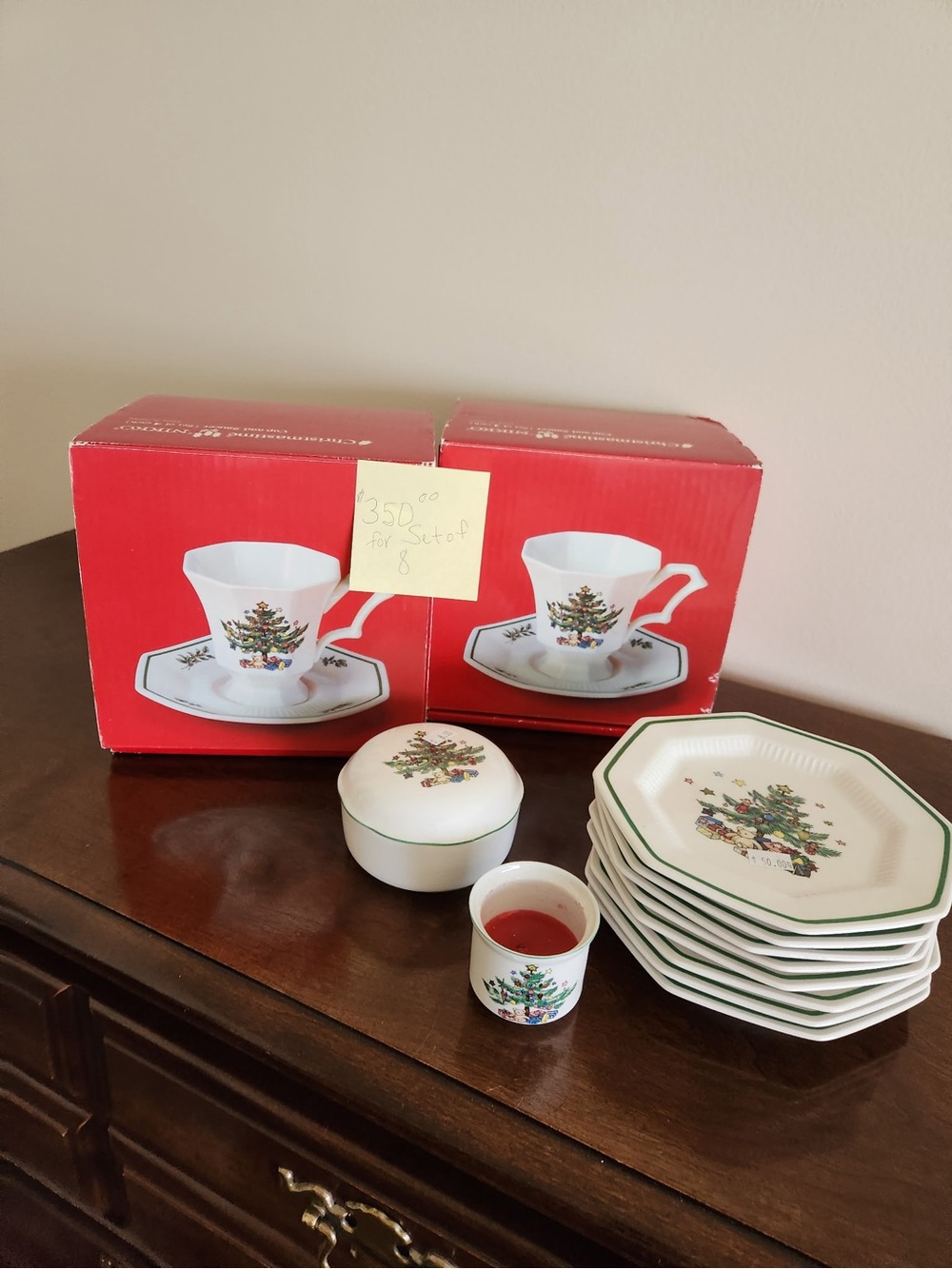 Nikko Ceramics White Holiday Tree Pattern Dessert Plates and Cups